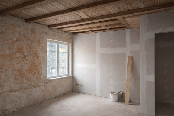 Innenausbau mit neuer Wand- und Deckenkonstruktion Rohbau eines Zimmers mit einem Fenster, unvollendeten Wänden und einem Eimer.